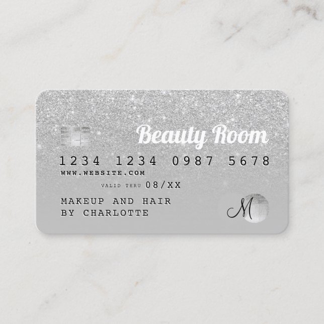 Credit card silver glitter beauty grey monogram (Front)