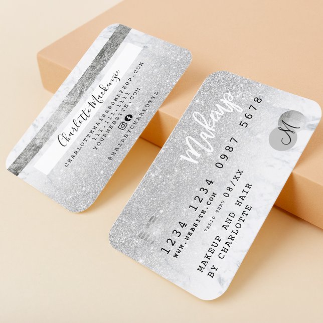 Credit card silver glitter marble chic monogram (Creator Uploaded)