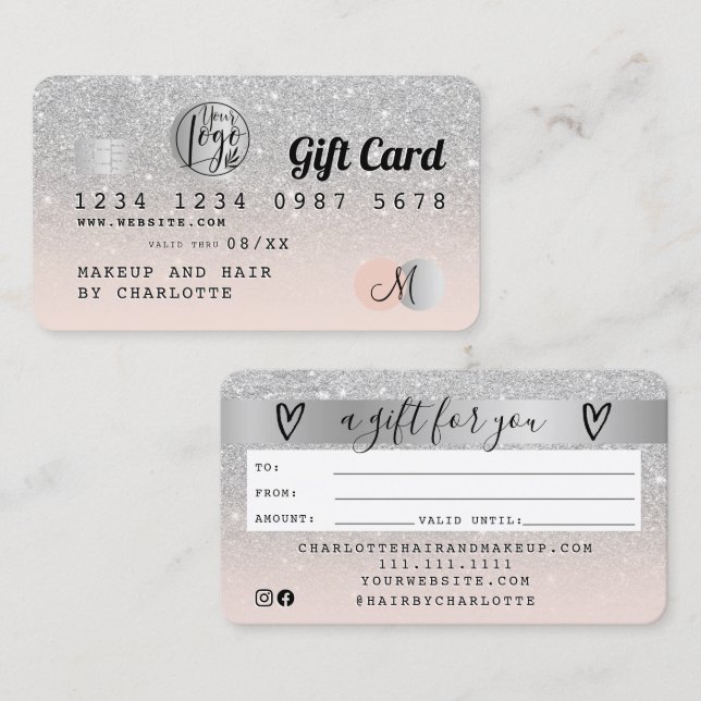 Credit card silver glitter ombre grey gift card (Front/Back)