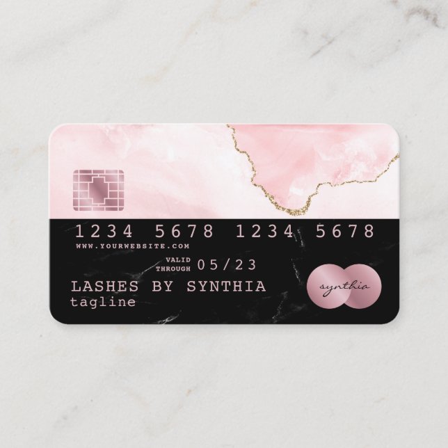 Credit Card Styled Black Marble blush pink agate (Front)
