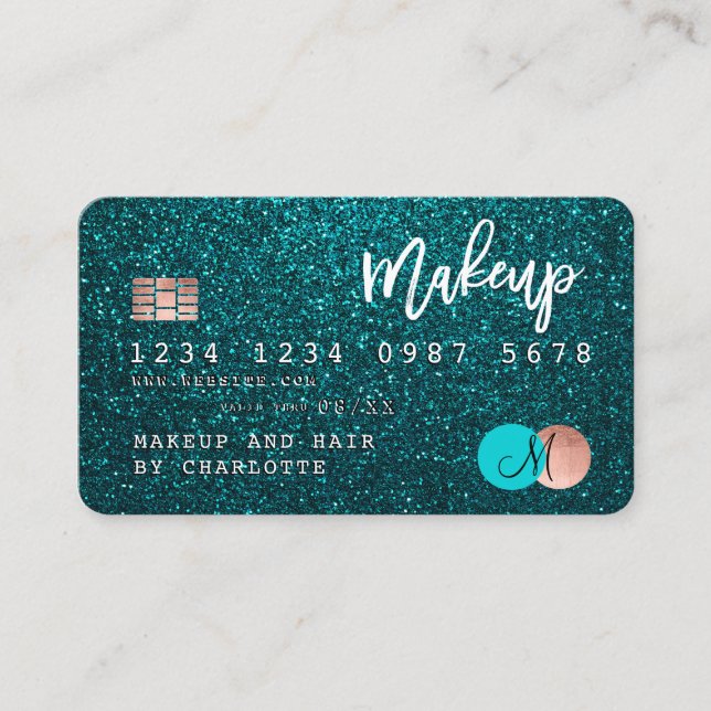 Credit card turquoise glitter makeup hair monogram (Front)