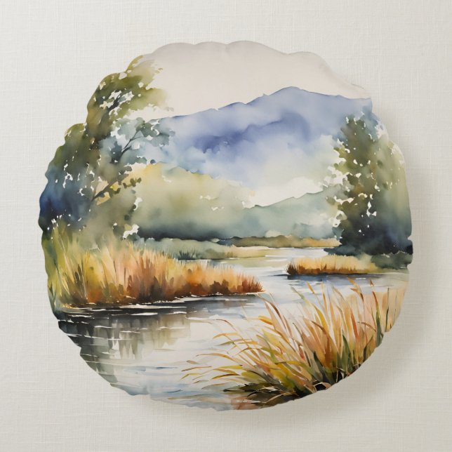 Creek Reeds Waterscape Mountains Round Cushion (Front)
