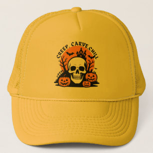 Creep, Carve, Chill: Halloween Skull & Pumpkin Trucker Hat