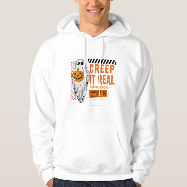 Creep It Real: Black and Orange Spooky Halloween Hoodie (Front)