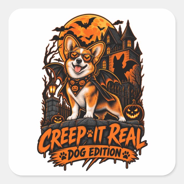 Creep It Real Corgi Halloween Funny Dog Bat Glasse Square Sticker (Front)