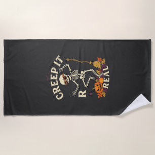 Creep It Real Dancing Skeleton Pumpkin Broom_1 Beach Towel