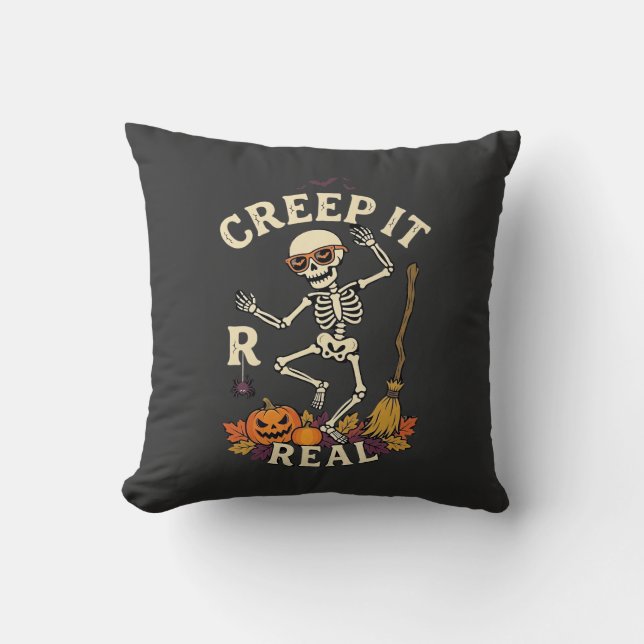 Creep It Real Dancing Skeleton Pumpkin Broom_1 Cushion (Front)