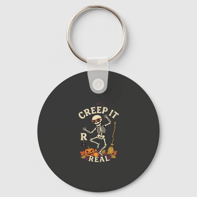 Creep It Real Dancing Skeleton Pumpkin Broom_1 Key Ring (Front)