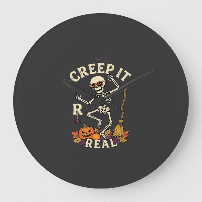 Creep It Real Dancing Skeleton Pumpkin Broom_1 Large Clock (Front)