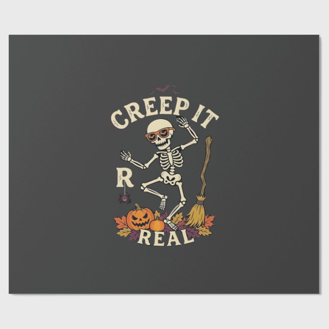 Creep It Real Dancing Skeleton Pumpkin Broom_1 Wrapping Paper (Flat)
