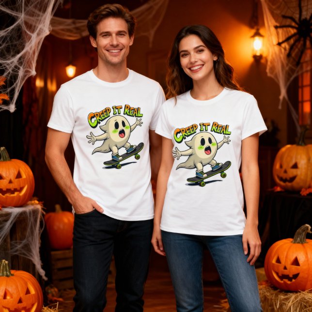 Creep It Real Funny Halloween Ghost Skateboarding  T-Shirt (Creator Uploaded)