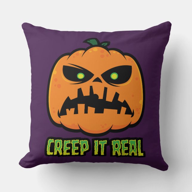 Creep It Real Grumpy Halloween Pumpkin Cushion (Front)