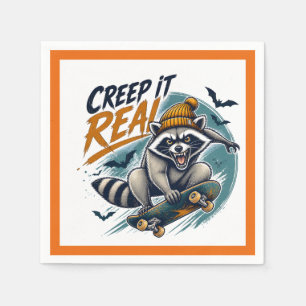 Creep It Real Halloween Racoon Skateboard Art Napkin