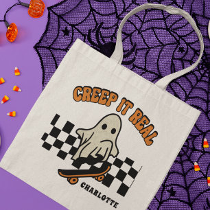 Creep It Real Halloween Skateboarding Ghost Name Tote Bag