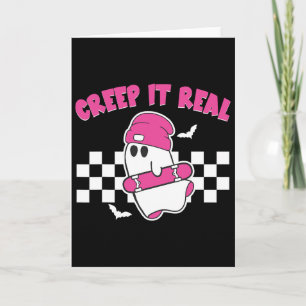 Creep It Real Halloween Ts Groovy Pink Ghost Skate Card