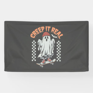 Creep It Real Retro Halloween Skate Ghost Banner