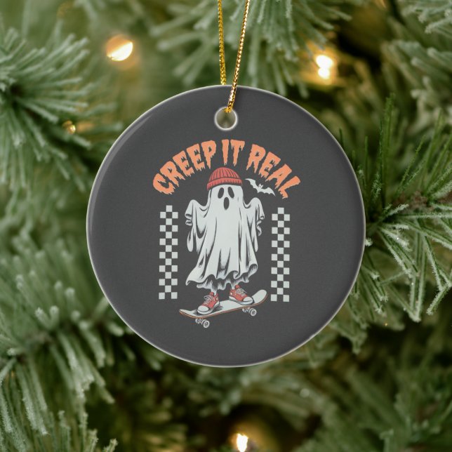Creep It Real Retro Halloween Skate Ghost  Ceramic Tree Decoration (Tree)