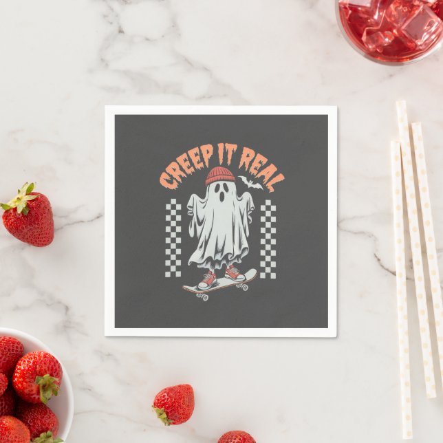 Creep It Real Retro Halloween Skate Ghost  Napkin (Insitu)