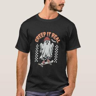Creep It Real Retro Halloween Skate Ghost  T-Shirt