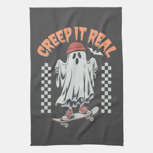 Creep It Real Retro Halloween Skate Ghost  Tea Towel (Vertical)