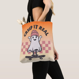 Creep it Real Skateboarding Ghost Orange Halloween Tote Bag