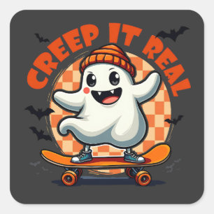 Creep it real Spooky Halloween Ghost Skating Board Square Sticker