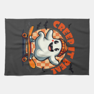 Creep it real Spooky Halloween Ghost Skating Board Tea Towel