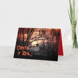 Creepin It Real Black Cat & Harvest Moon Halloween Card