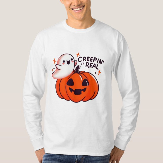Creepin’ It Real - Friendly Ghost & Pumpkin  T-Shirt (Front)