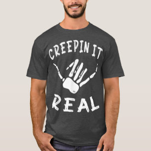 Creepin It Real Funny Halloween Skeleton Shaka  T-Shirt