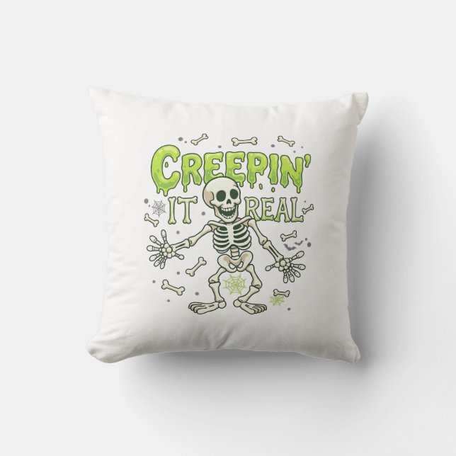 Creepin It Real Skeleton Halloween Bones Spider We Cushion (Front)