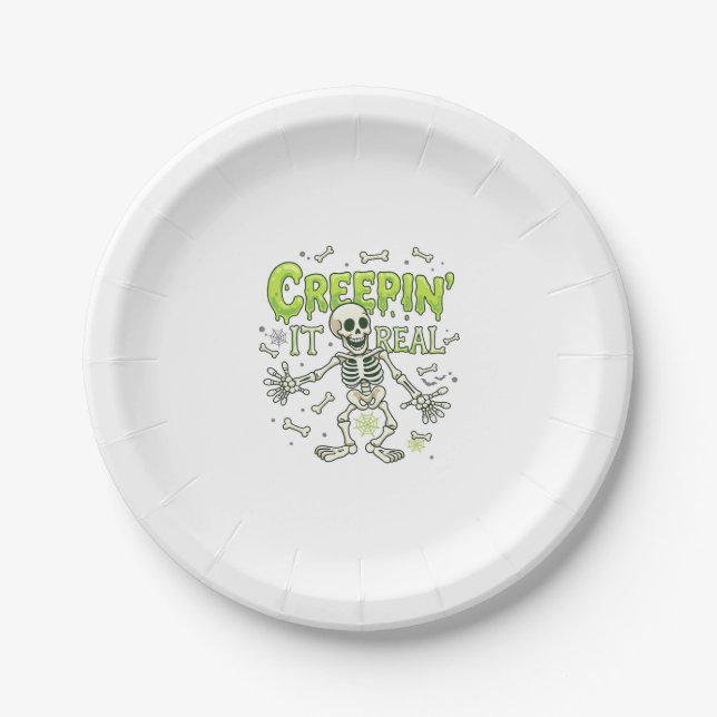 Creepin It Real Skeleton Halloween Bones Spider We Paper Plate (Front)