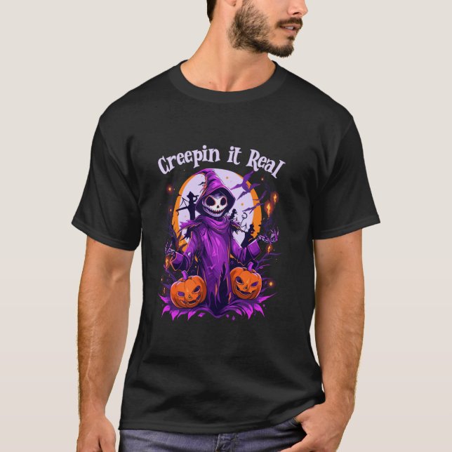 Creepin It Real Skull Skeleton Witch Pumpkin Funny T-Shirt (Front)