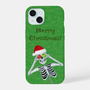 Creepmas Skeleton Santa Hat Ornaments on Green iPhone 15 Case