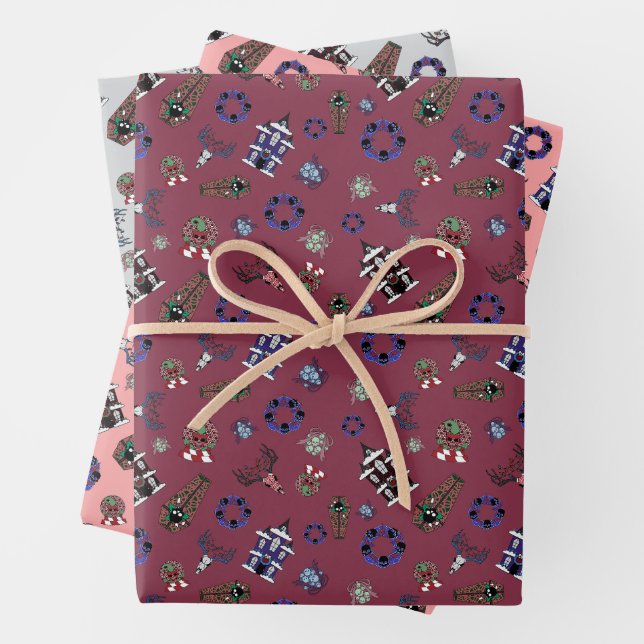Creepmas w/ Haunted House, Skulls, Wreaths, Coffin Wrapping Paper Sheet (In situ)