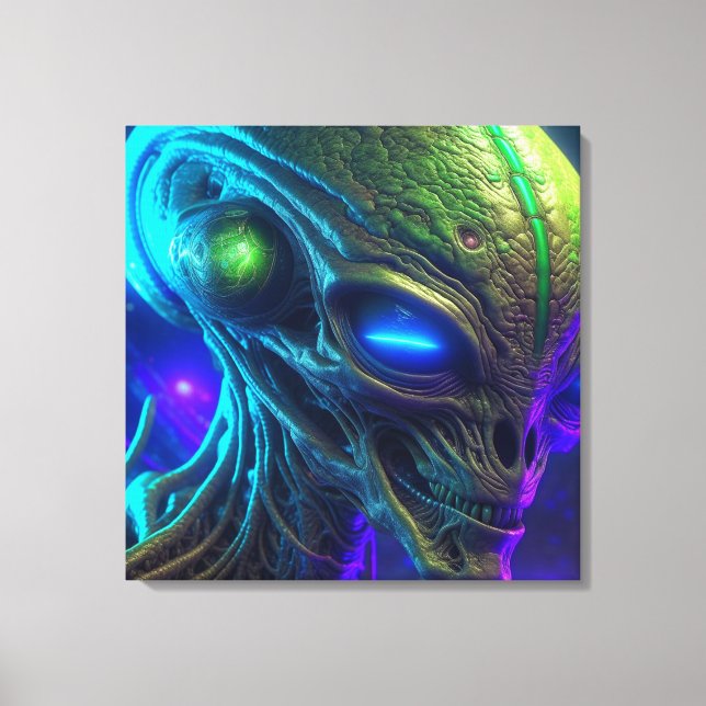 Creepy Alien Head with Glowing Blue Eyes Canvas Print (Front)