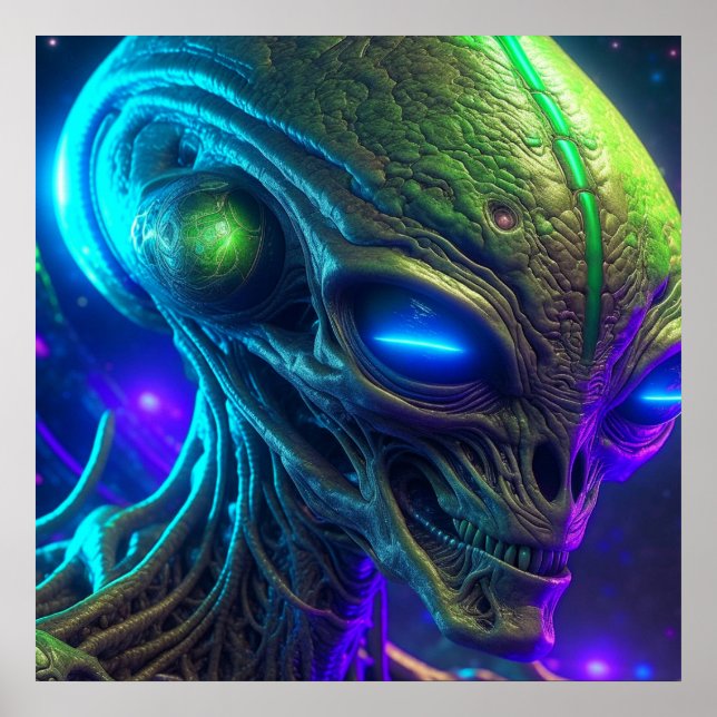 Creepy Alien Head with Glowing Blue Eyes Poster (Front)