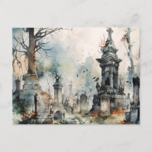 Creepy and Beautiful Grey Cemetery Halloween Holiday Postcard
