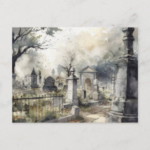 Creepy and Beautiful Grey Cemetery Halloween Holiday Postcard