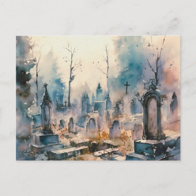 Creepy and Beautiful Grey Cemetery Halloween Holiday Postcard (Front)