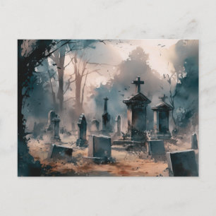 Creepy and Beautiful Grey Cemetery Halloween Holiday Postcard