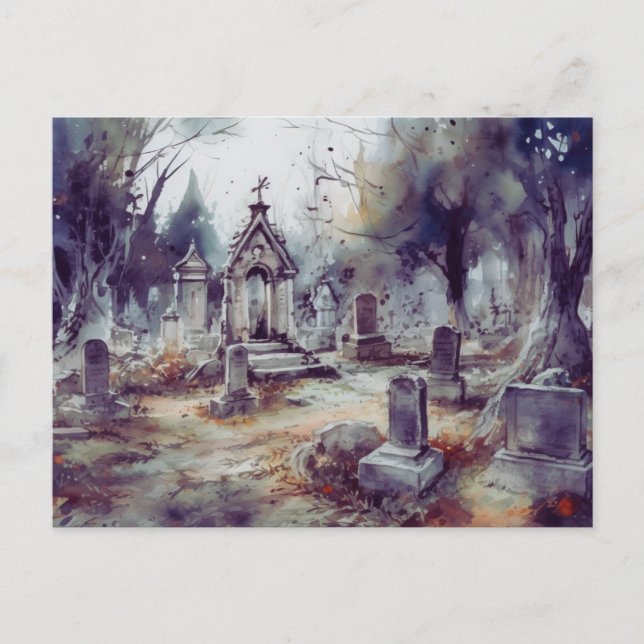 Creepy and Beautiful Grey Cemetery Halloween Holiday Postcard (Front)