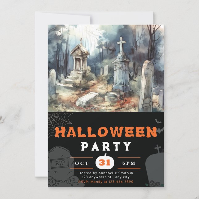 Creepy and Scary Cemetery Black Halloween Invitation (Front)
