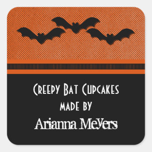 Creepy Bats Halloween Baking Stickers, Orange Square Sticker
