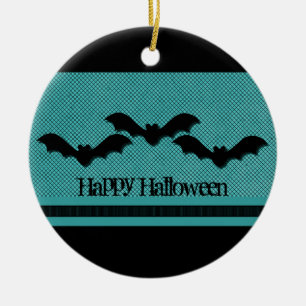 Creepy Bats Halloween Ornament, Teal Ceramic Tree Decoration