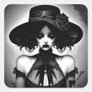 Creepy Black and White Woman in Hat Square Sticker