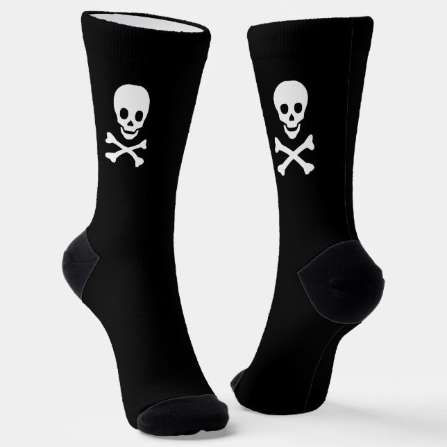 Creepy black white pirate skeleton skull Halloween Socks (Angled)