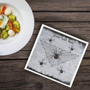 Creepy Black Widow Spiders in Web Ragged White Napkin