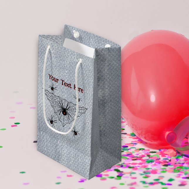 creepy black Widow Spiders in Web Rustic White Small Gift Bag (Black widow spiders with red hourglass marks in black web on rustic look white gift bags.)