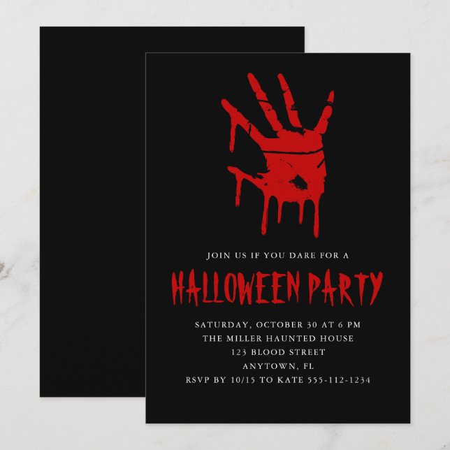 Creepy Blood Hand Print Adult Halloween Party  Invitation (Front/Back)
